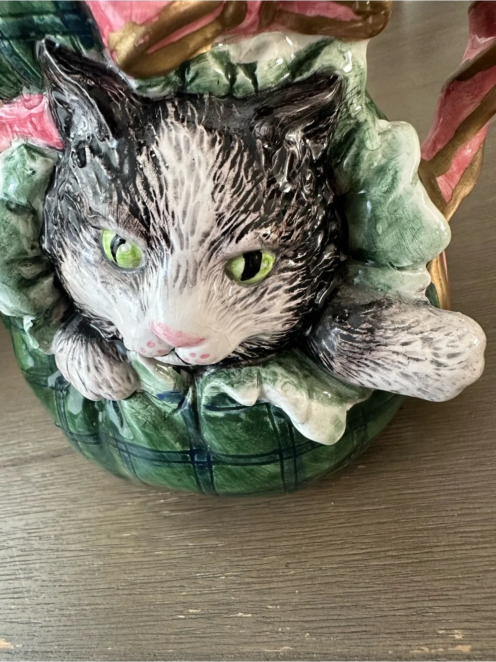 Ceramic Cat Pitcher in Green with Pink Bow - Decorative Coffee & Tea Accessory